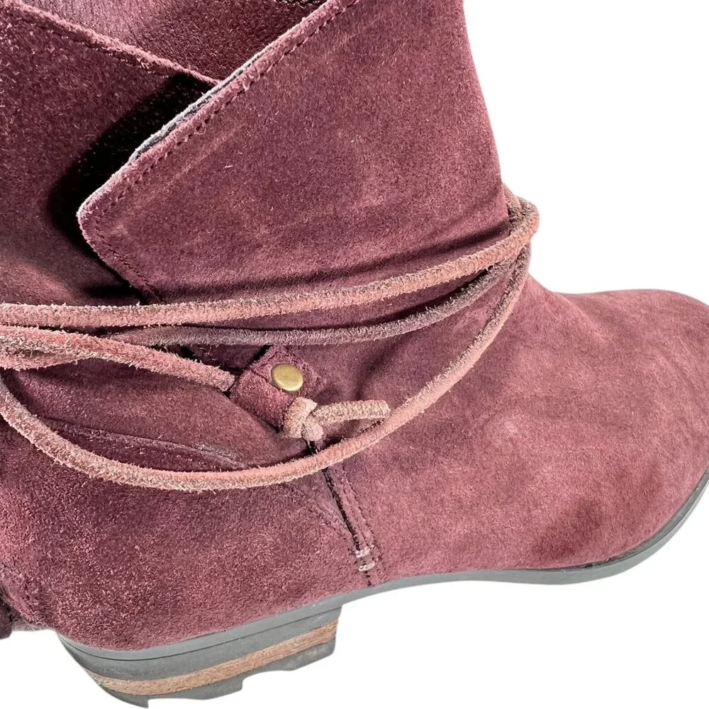 Sorel Womens Burgundy Suede Ankle Boots Wraparound Tassel Laces Low Block Heel - Picture 7 of 16